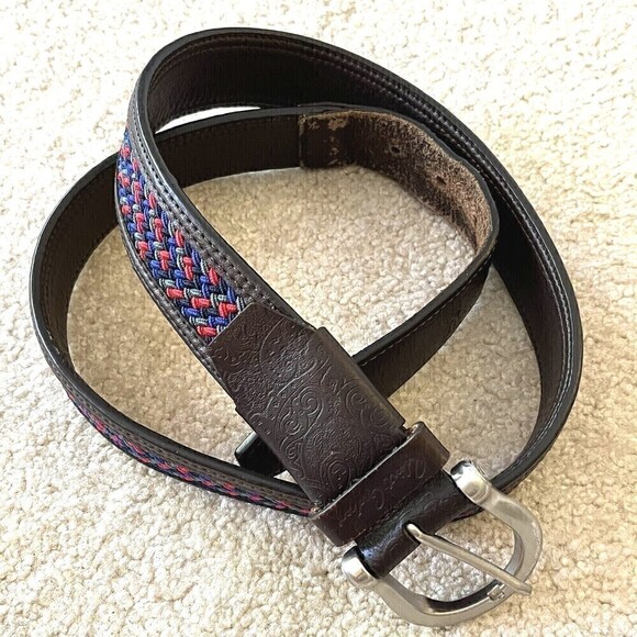 Robert Graham Men Belt 38 Braided Woven Red Blue Grey Tooled Brown Leather Golf - Picture 1 of 11